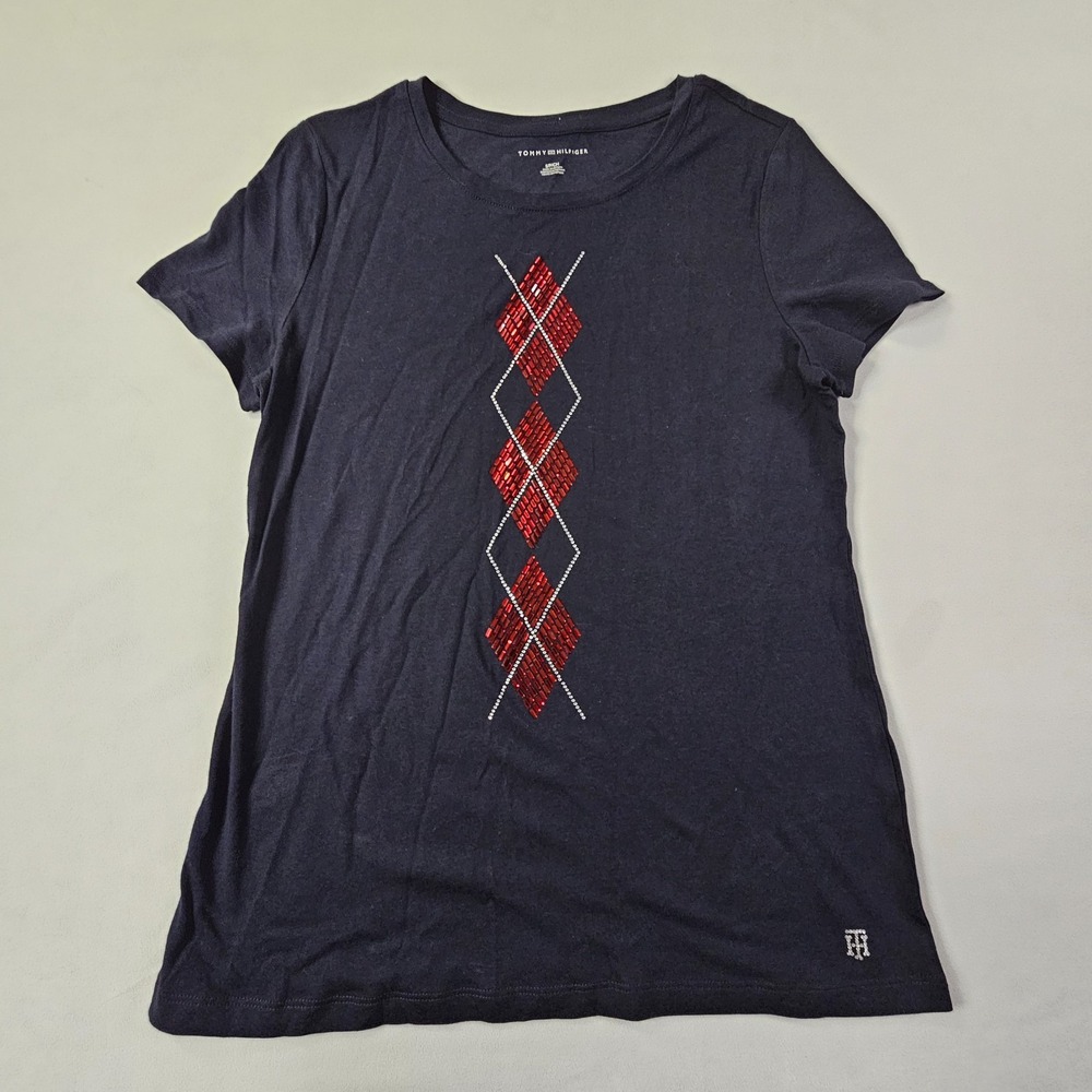 Tommy Hilfiger Blue Short Sleeve Rhinestones Cotton Modal T-Shirt Women's S